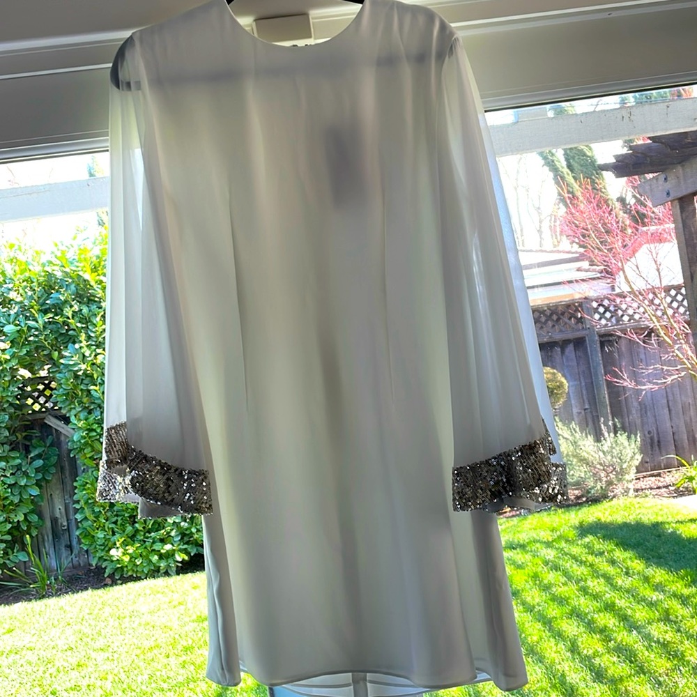Sachin + Babi White Shift Dress with Metallic Beaded Cuffs